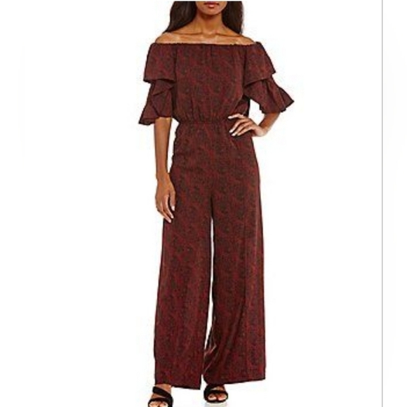 Gibson Latimer Burgundy Off Shoulder Jumpsuit Puff Butterfly Party Holiday Glam - Picture 5 of 16